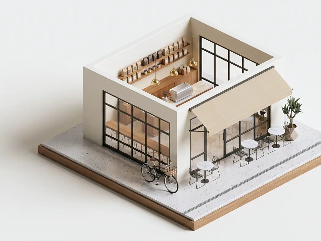 Maqueta a escala del local de una cafetería: la barra con la máquina y las mesas en el andén.