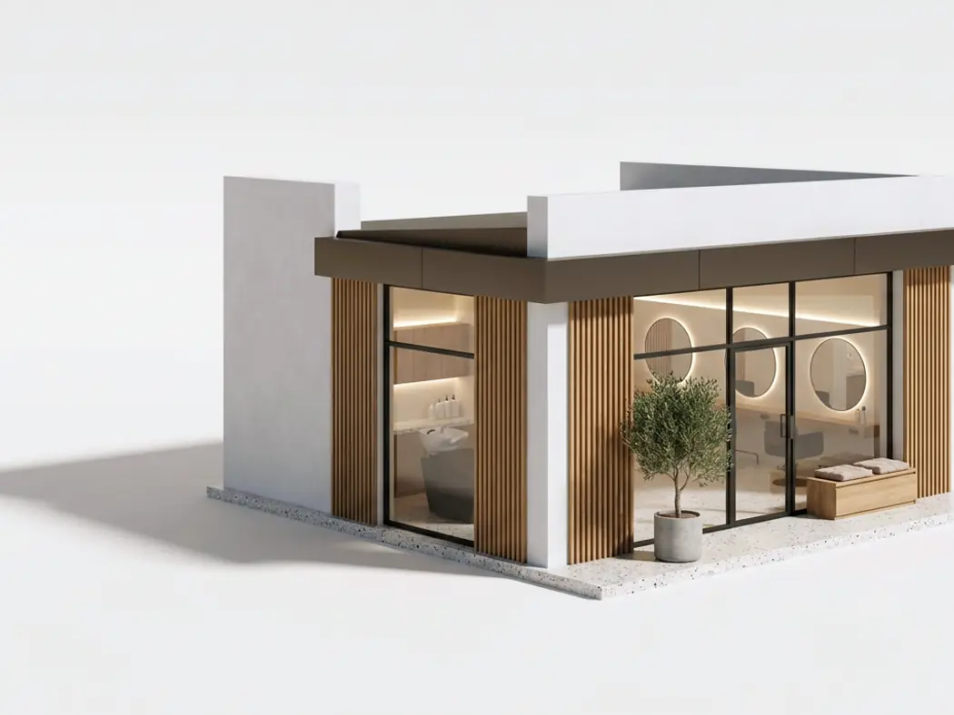 Maqueta a escala del local de un salón de belleza: los puestos con espejos redondos, el lavacabezas al fondo y el banco de espera junto a la vitrina.