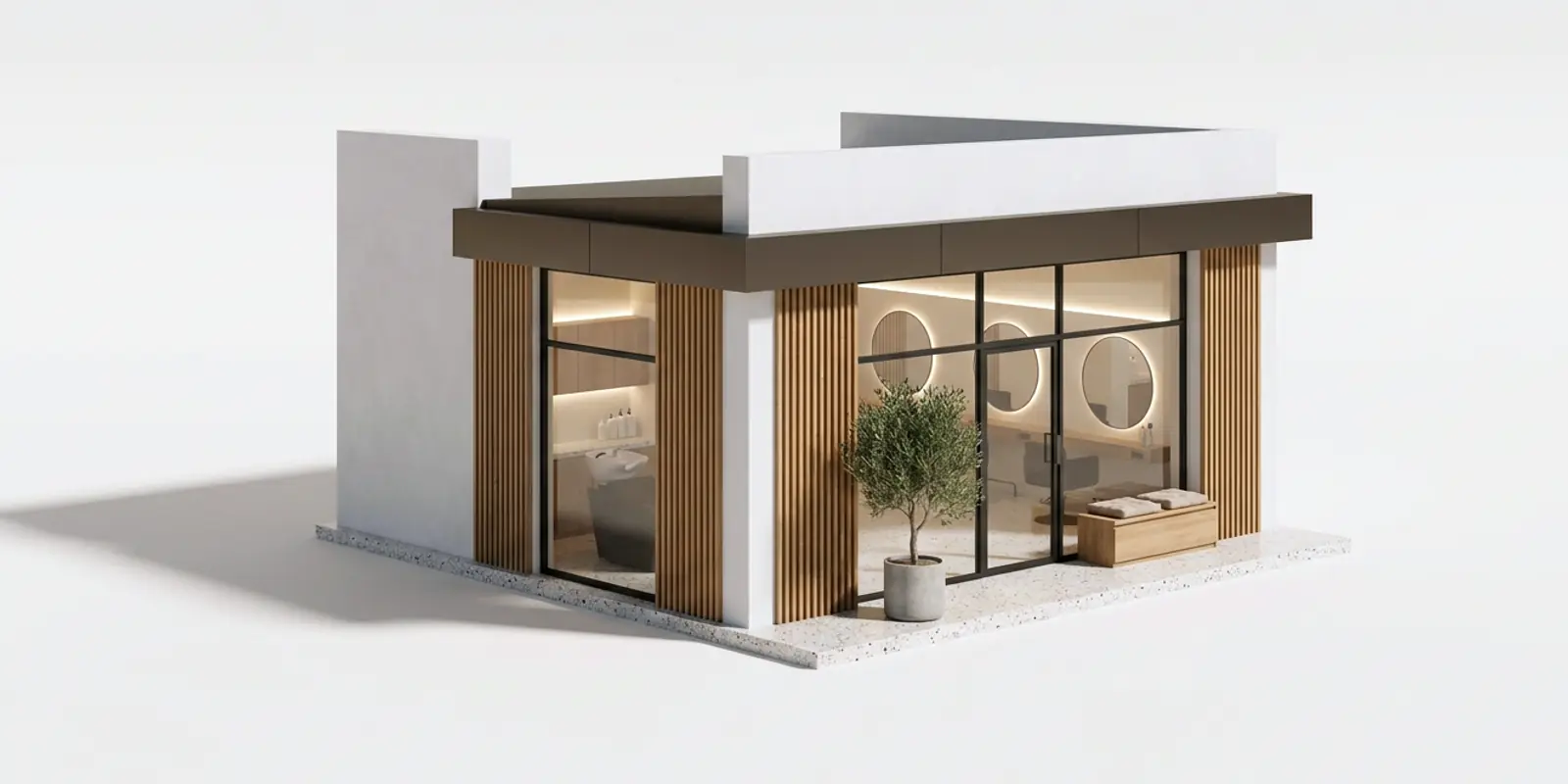 Maqueta a escala del local de un salón de belleza: los puestos con espejos redondos, el lavacabezas al fondo y el banco de espera junto a la vitrina.