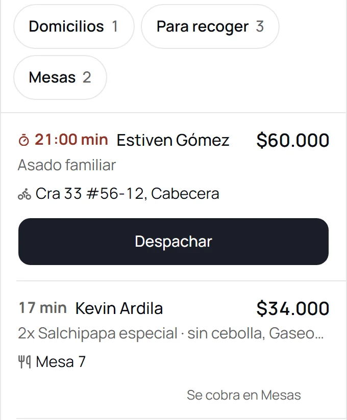 Pedidos activos en el panel de De Una, con datos de demostración: cada fila muestra cuánto lleva esperando el pedido, qué pidieron, a dónde va y el botón del paso que sigue.